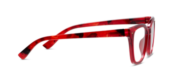 Red eyeglass frame with tortoise-look temple tips and clear lenses