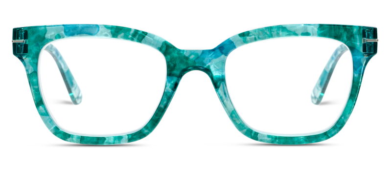 Peepers Buzzworthy turquoise marbled eyeglass frames, full front with squared lenses