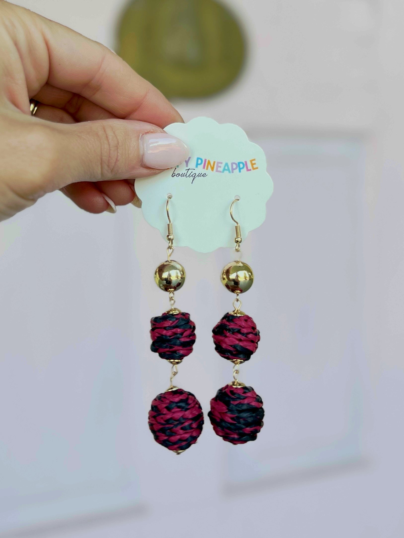 Raffia Ball Drop Earrings - Burgundy/Black