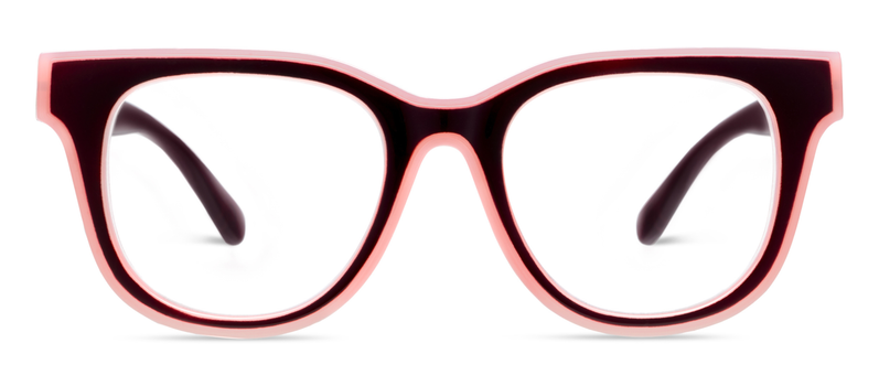 Progressive eyeglasses front view, dark cherry frames with light pink accents