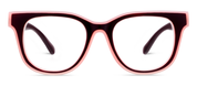 Progressive eyeglasses front view, dark cherry frames with light pink accents