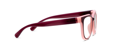 Progressive eyeglasses side profile, cherry frame with pink inner temple tips