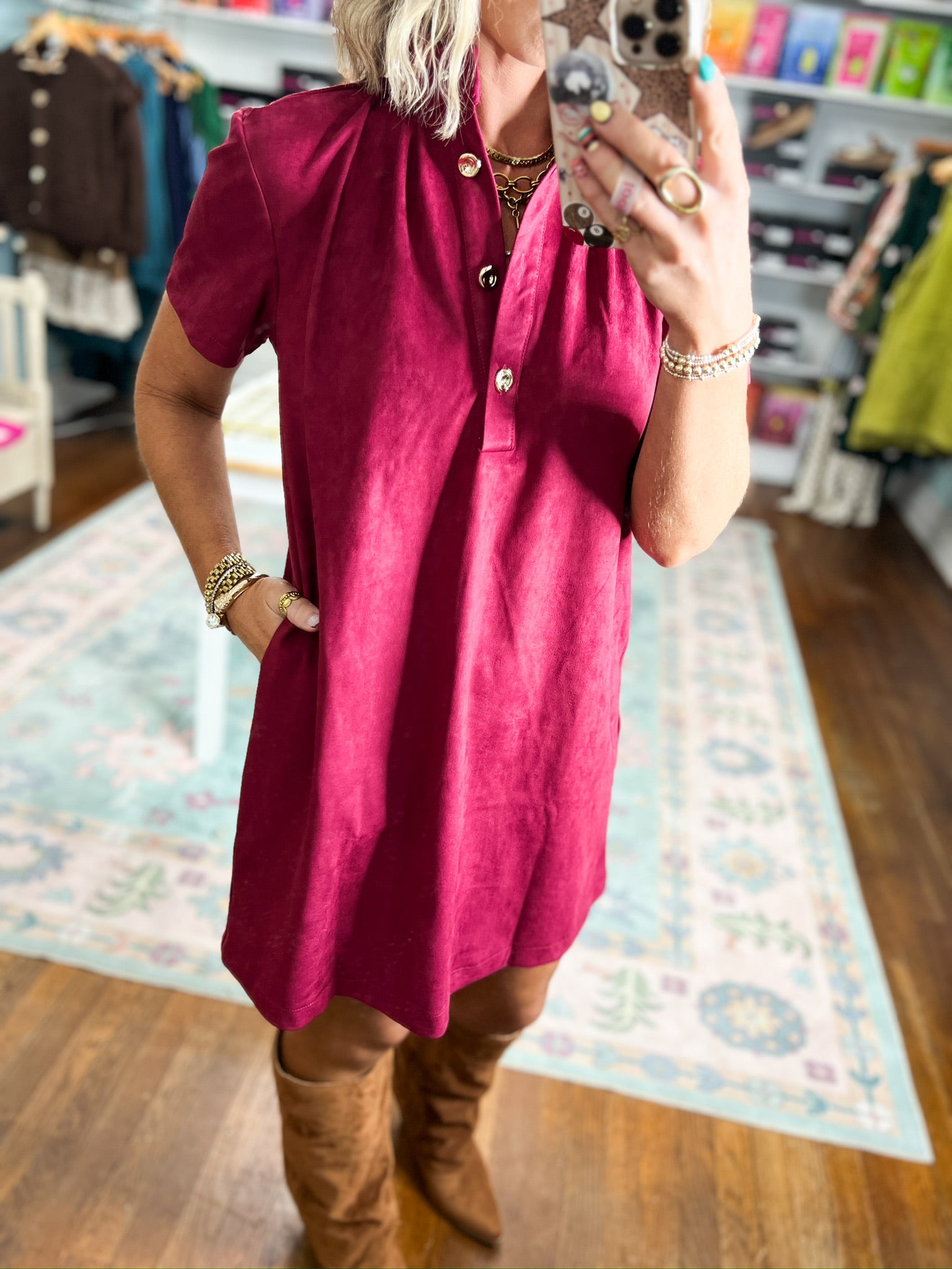 Plum mini dress with short sleeves and button-front detail