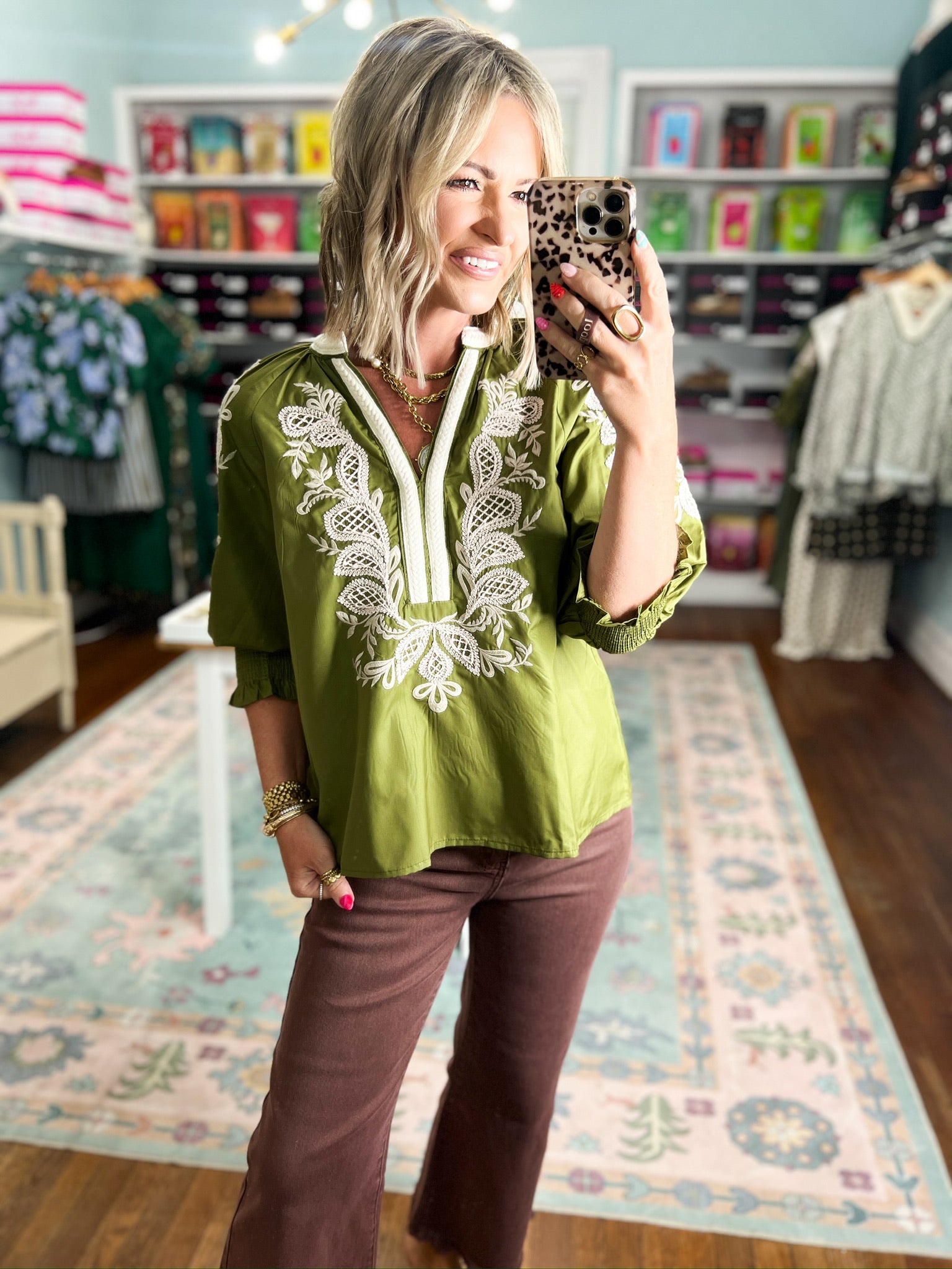 Olive embroidered peasant top with white vertical placket and floral lace trim