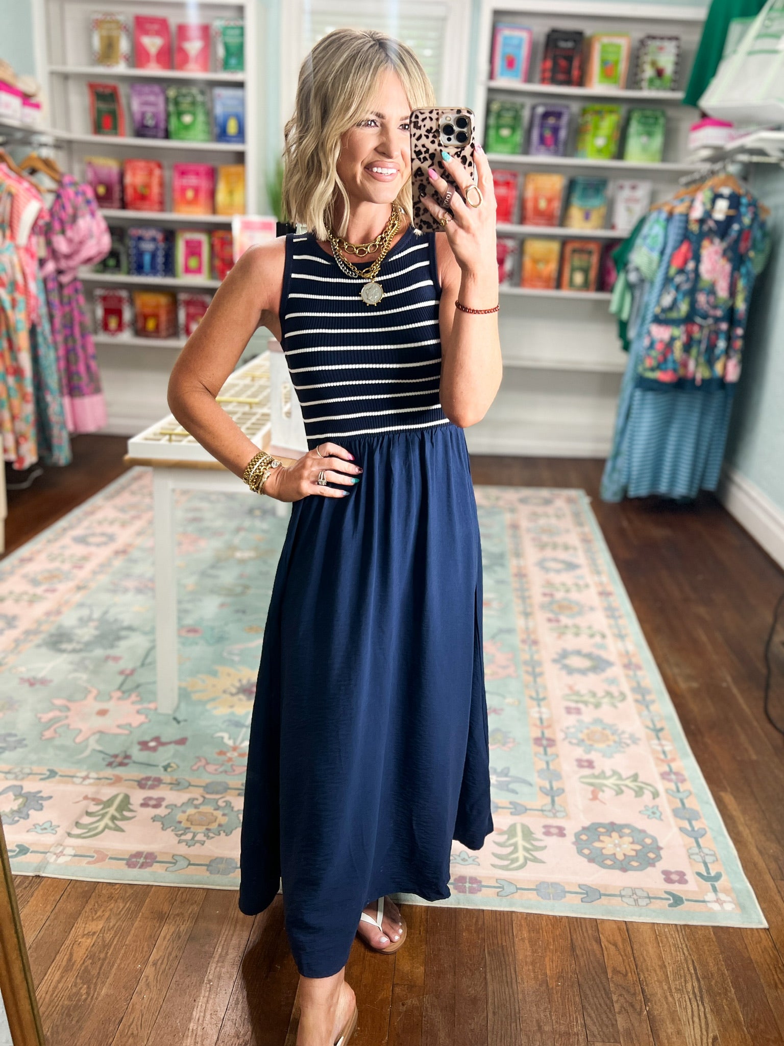 Let's See Mixed Media Midi Dress - Navy