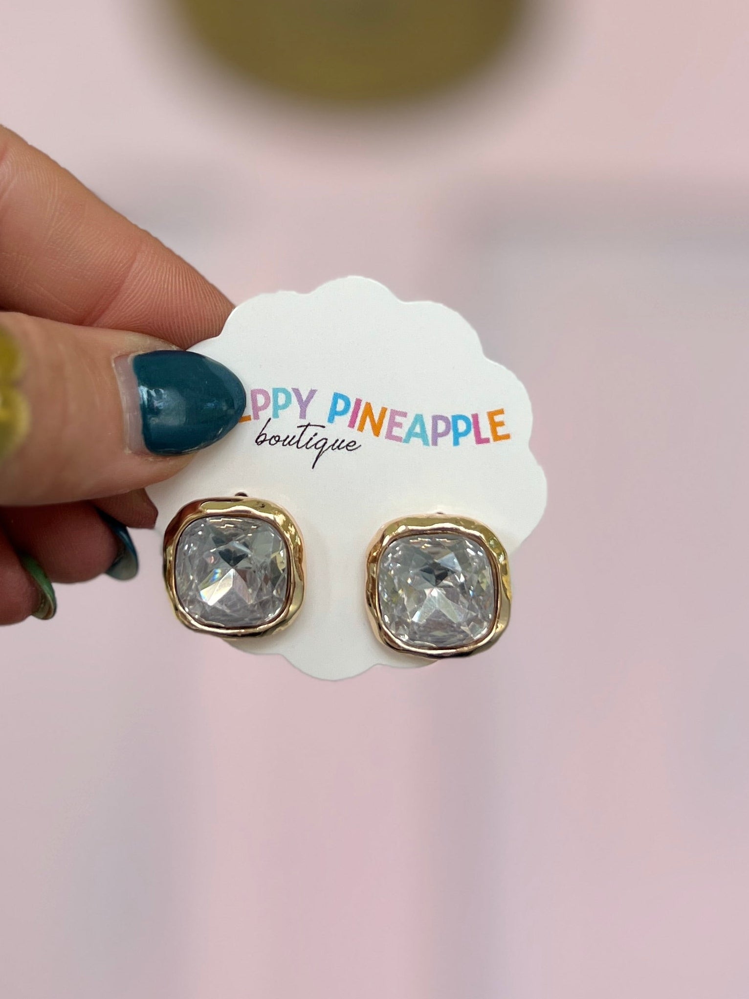 Gold-tone framed square clear stone stud earrings