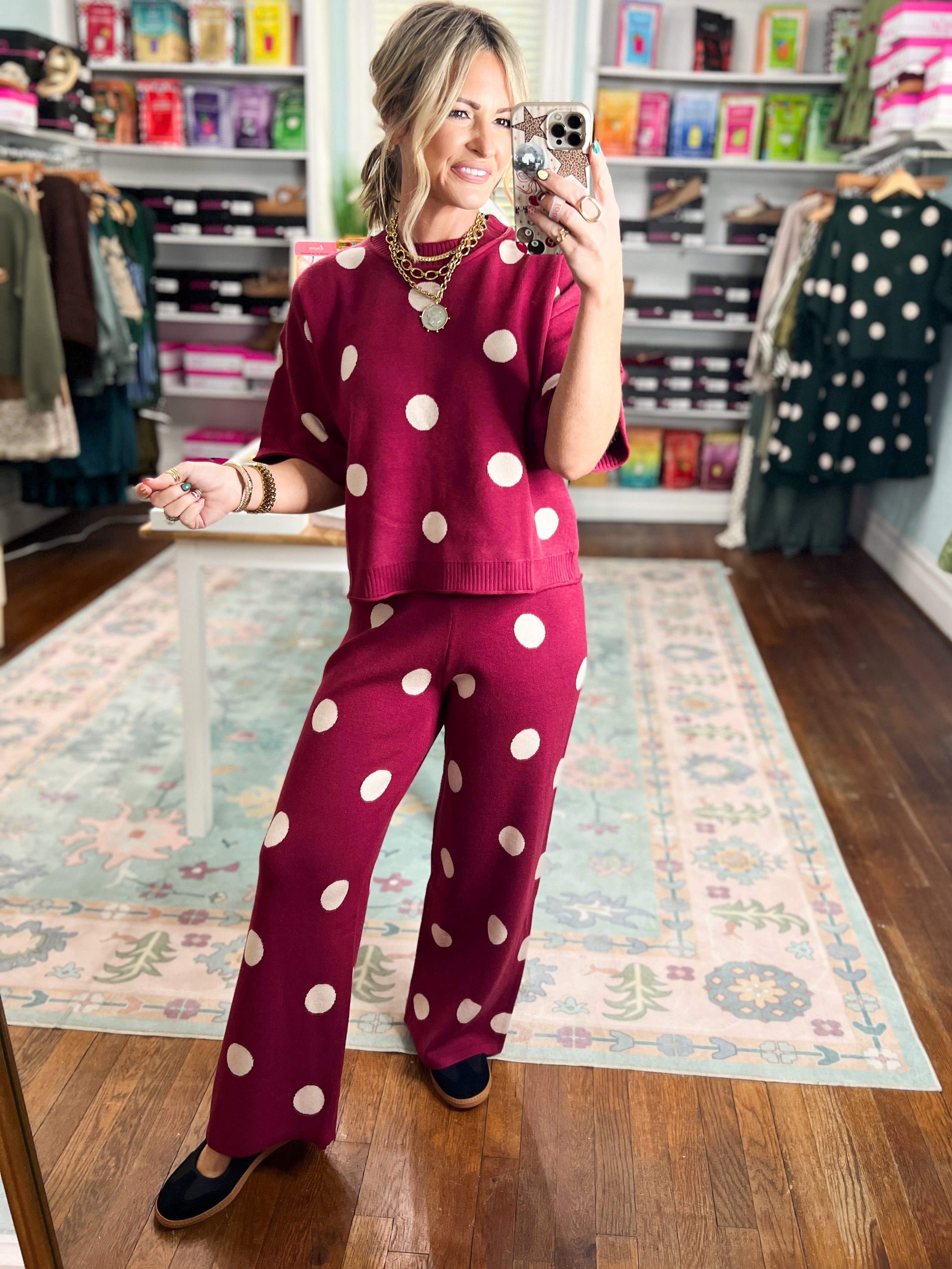 Polka Party Knit PANTS - Burgundy