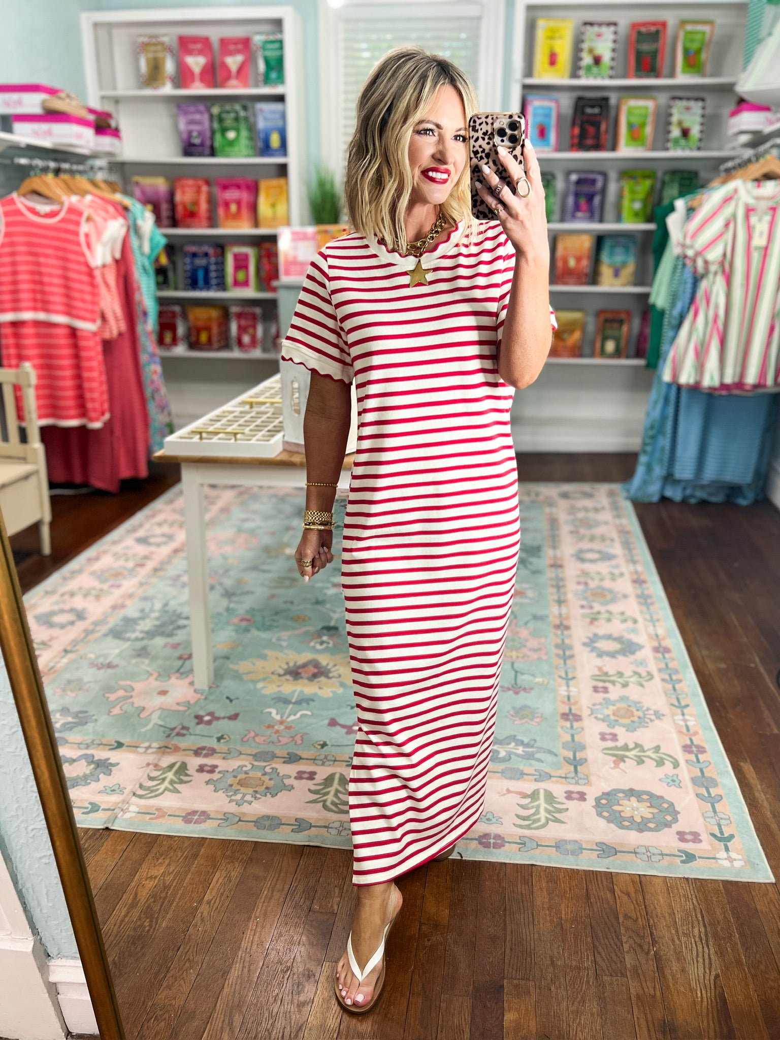 Playful Pursuits T-Shirt Midi Dress - Ivory/Red