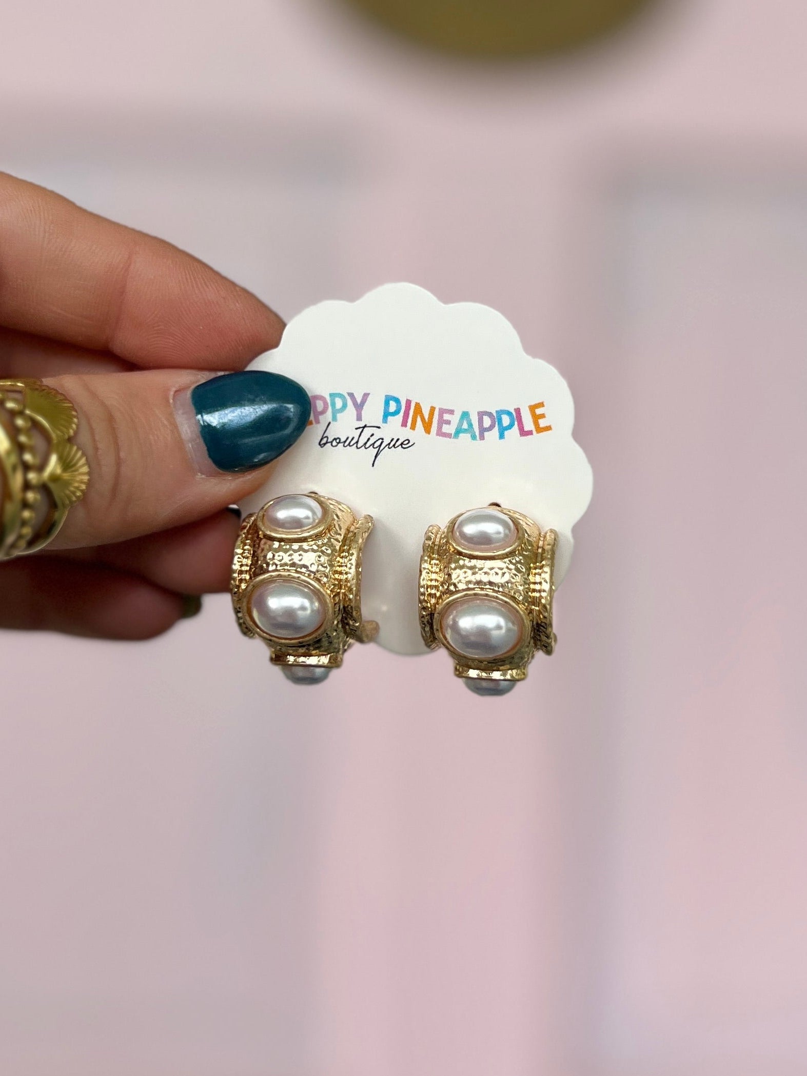 Antique gold cat’s eye hoop earrings with cream domed cabochons