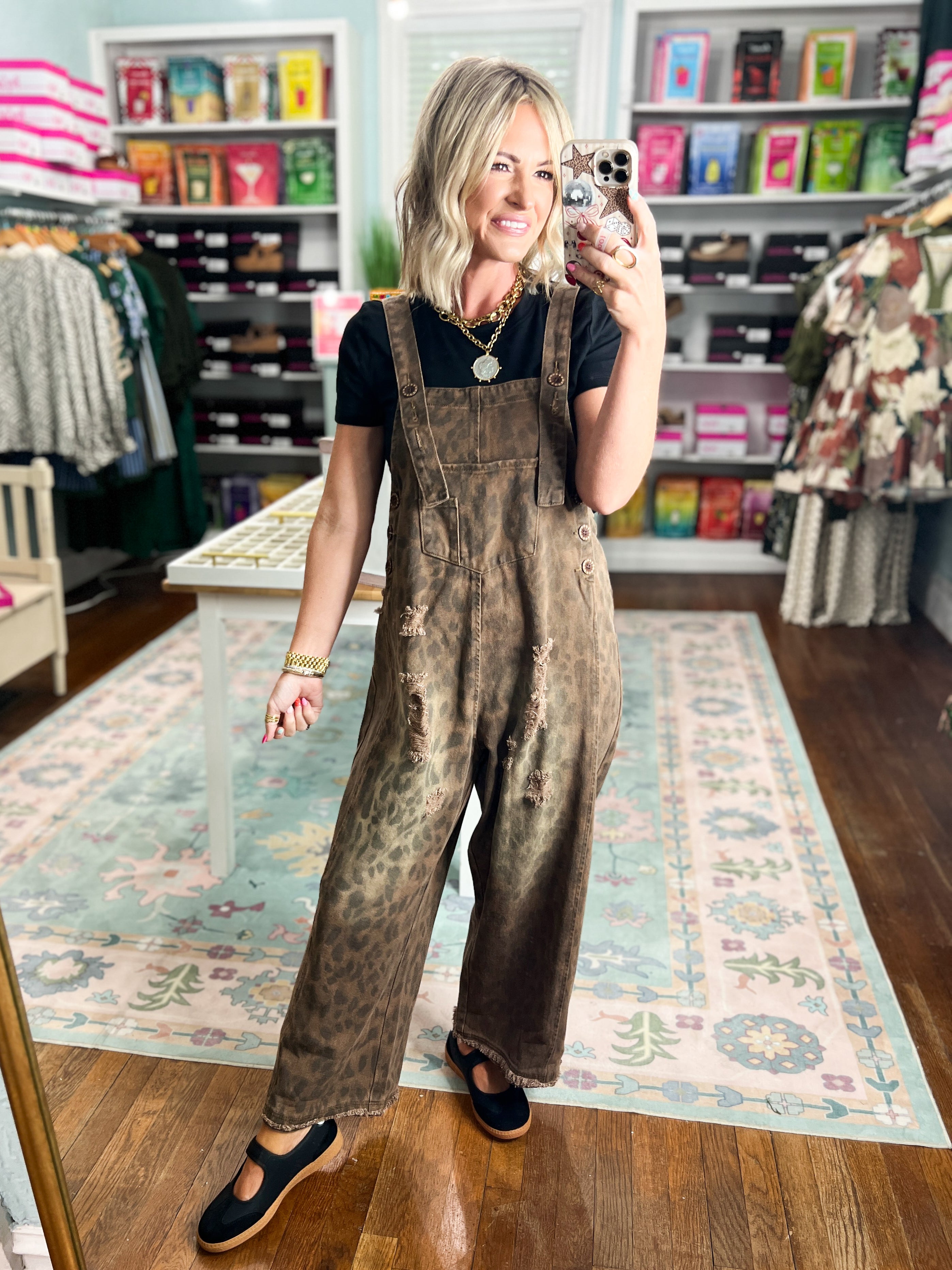 Feline Fine animal-print denim overalls, front bib pocket, relaxed wide-leg fit
