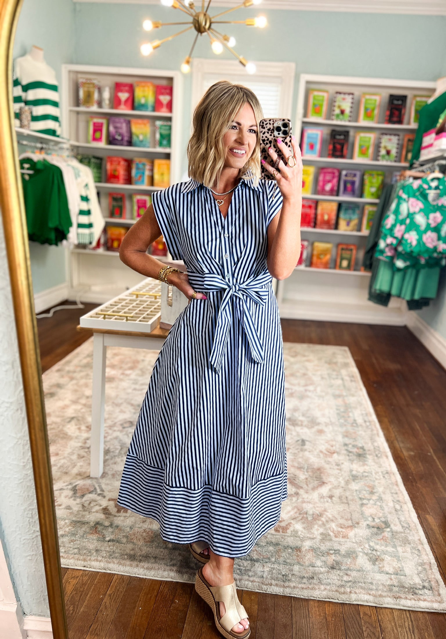 Let's Meet Later Striped Midi Dress - Navy