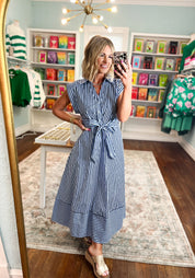 Let's Meet Later Striped Midi Dress - Navy