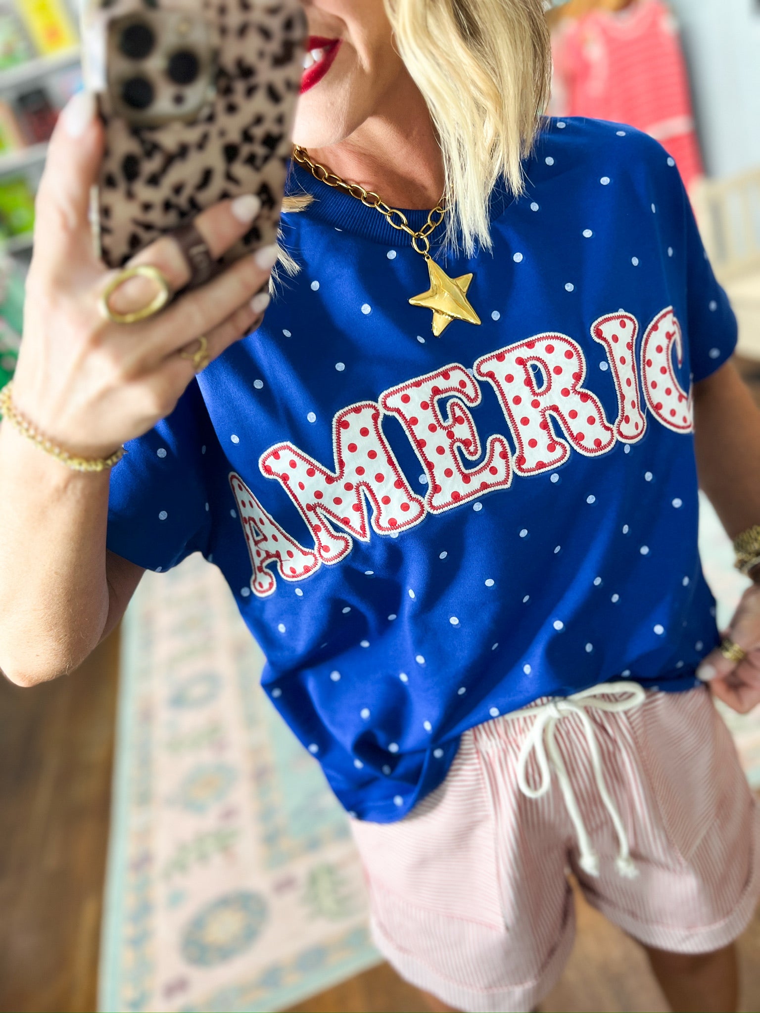 America Patch Polka Dot Knit Top - Blue