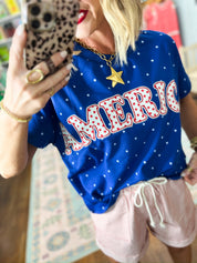 America Patch Polka Dot Knit Top - Blue