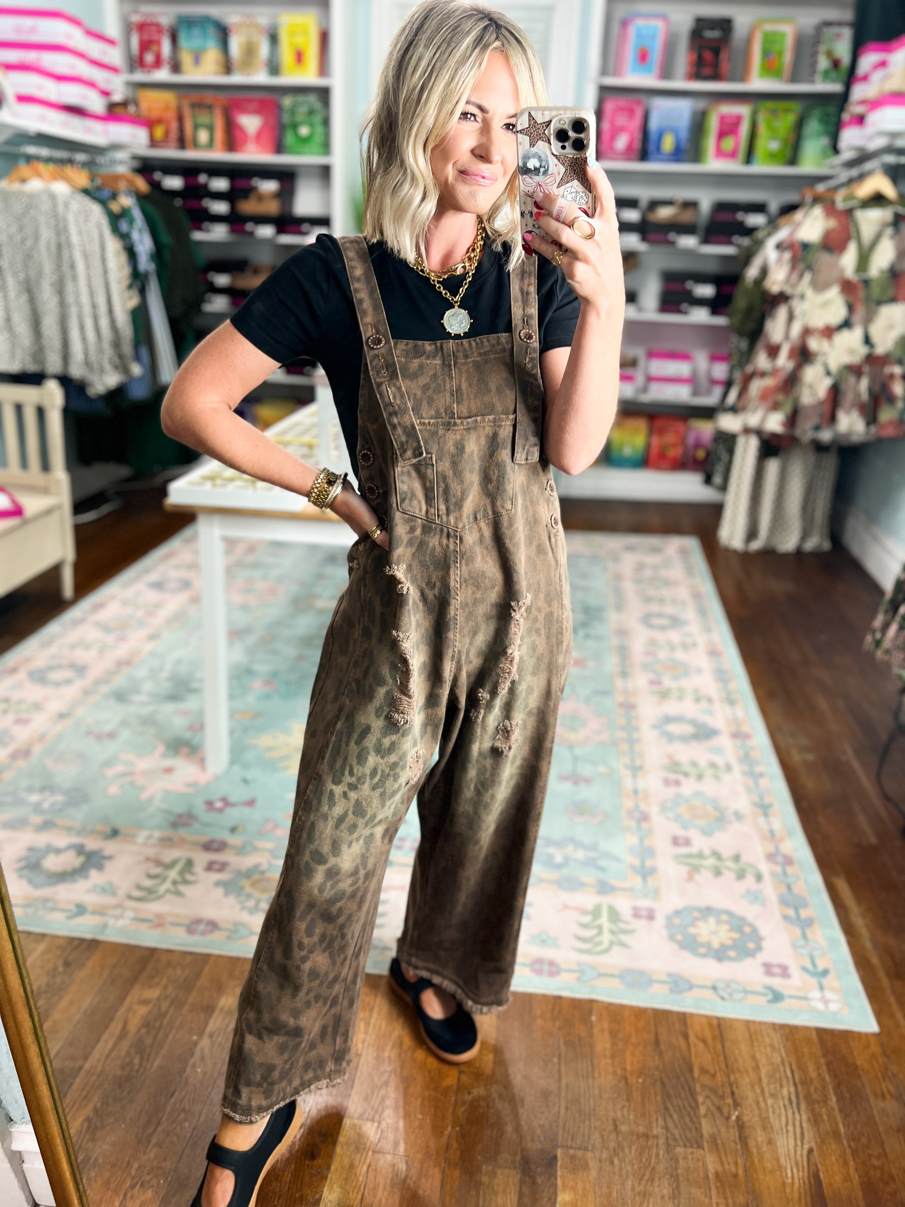 Feline Fine animal-print denim overalls, front bib pocket and adjustable shoulder straps
