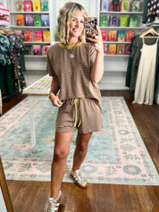 New Days Striped Knit Top and Shorts Set -Mocha/Gold