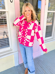 Checking It all Out Sweater Cardigan - Hot Pink/Cream