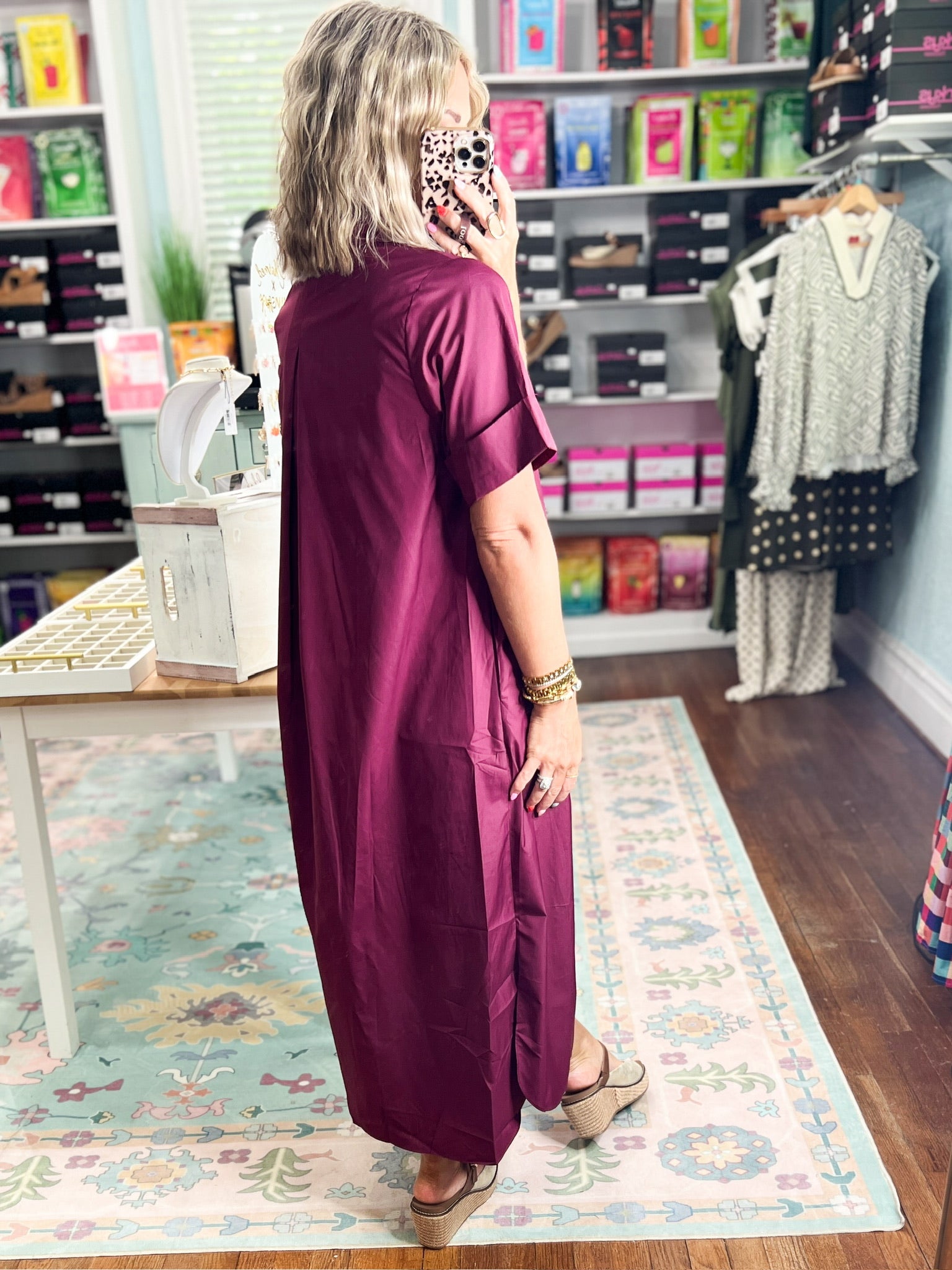 Wine midi dress back view with short sleeves and button-front closure