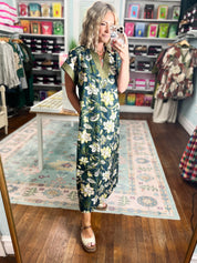 Think Pretty Floral Midi Dress - Teal Green