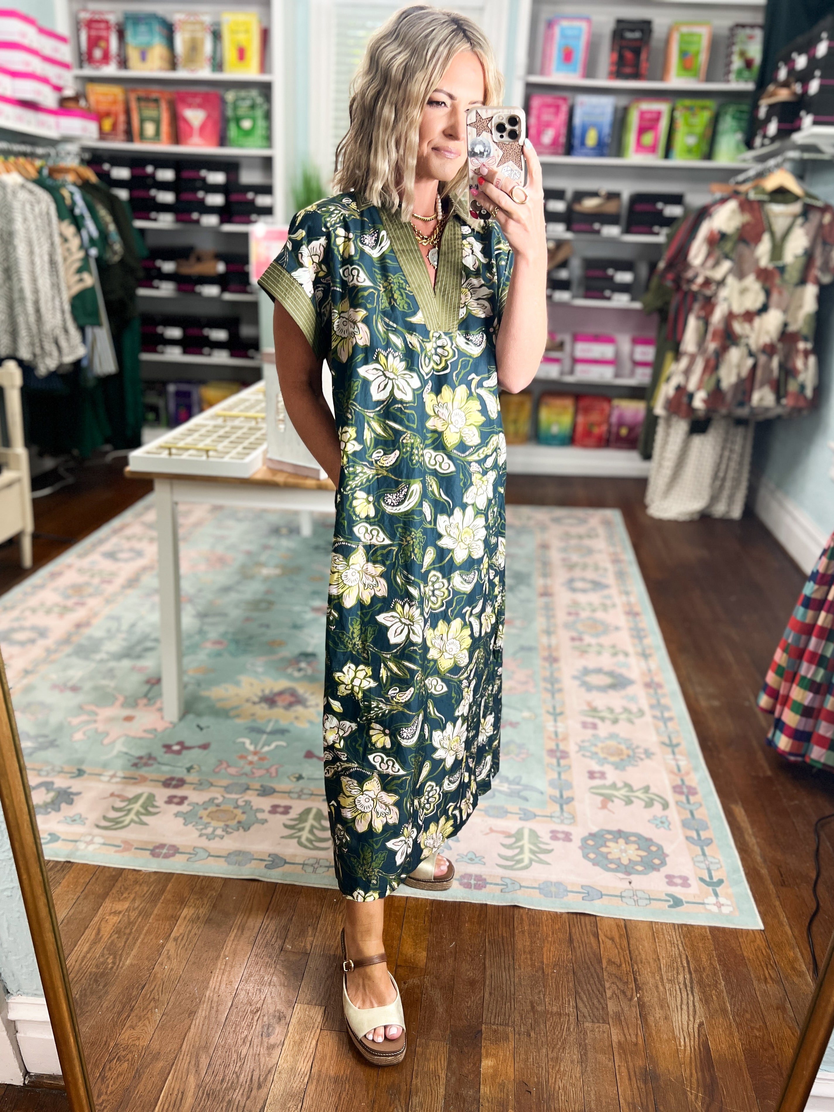 Think Pretty Floral Midi Dress - Teal Green