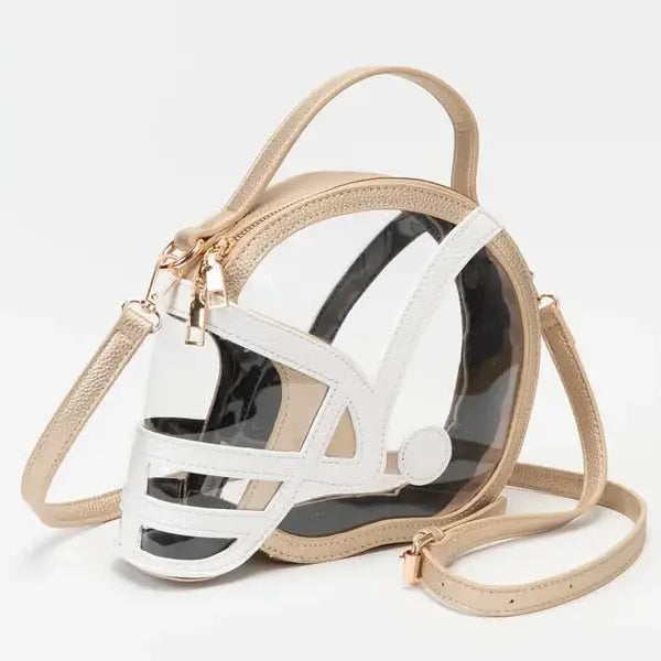 Helmet-shaped clear crossbody bag with beige straps and gold-tone hardware