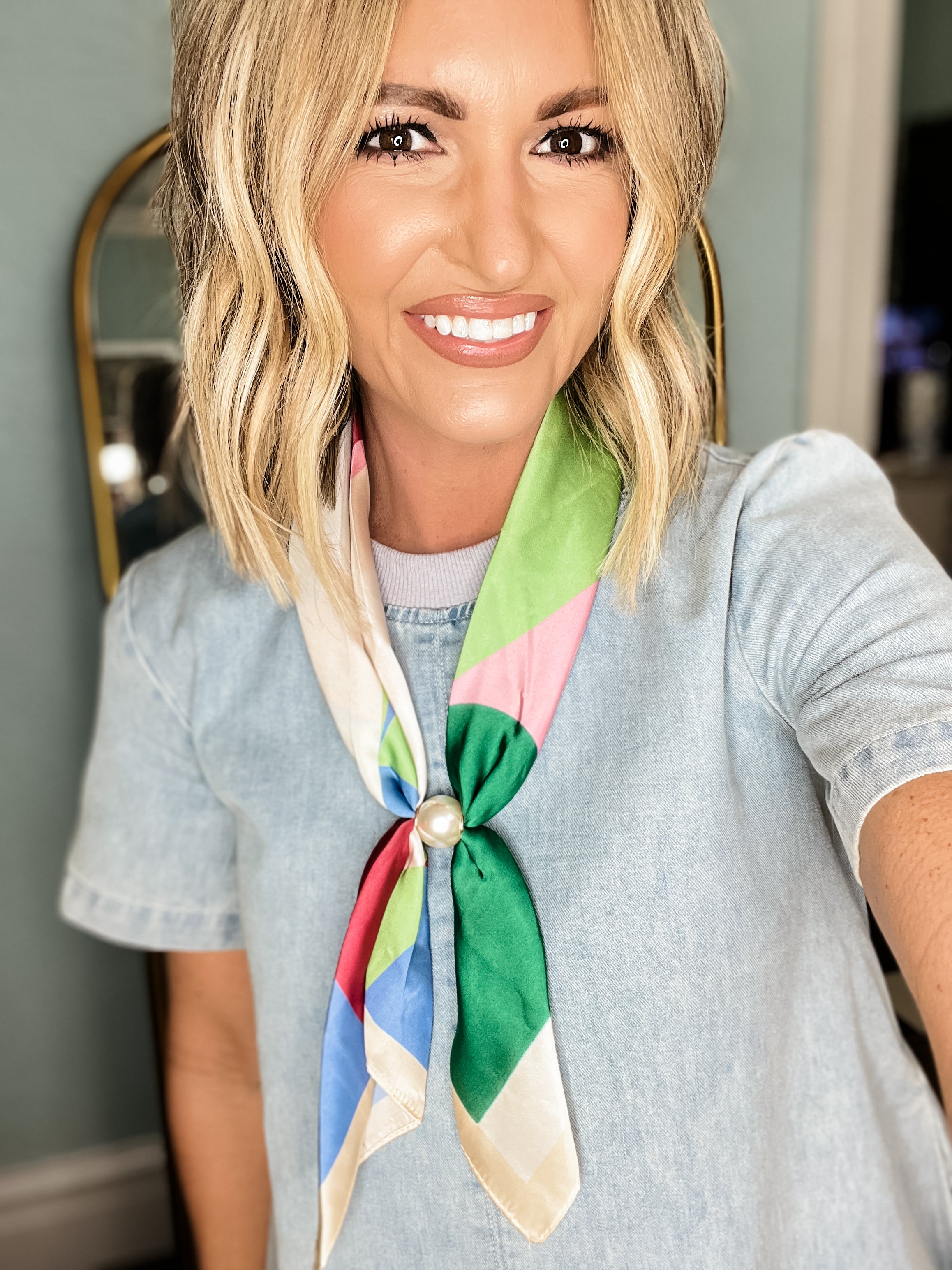 Geo multi pearl scarf necklace with multicolor triangular scarf tied at neckline