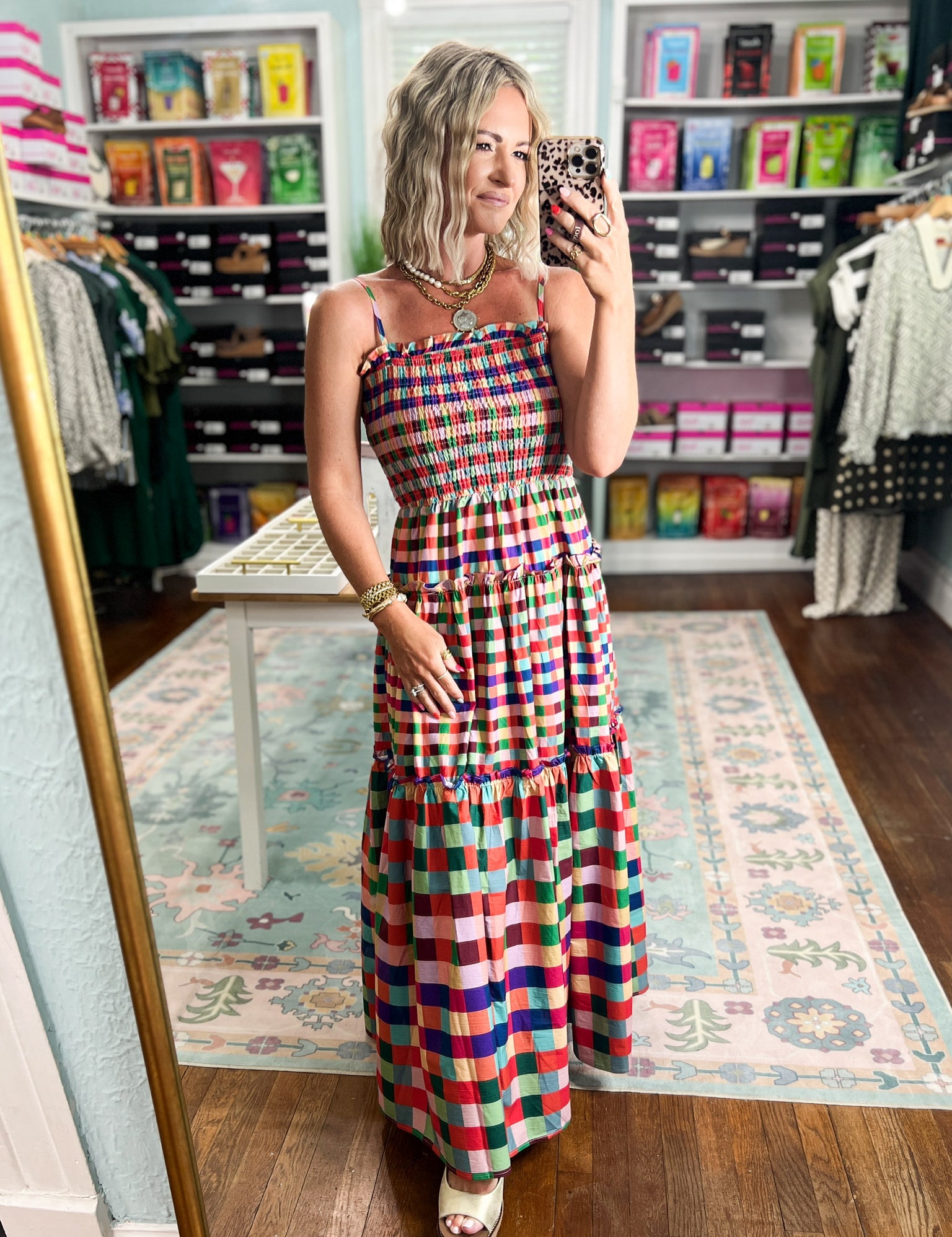 Multicolor plaid tiered maxi dress front view with smocked waist and tiered hem