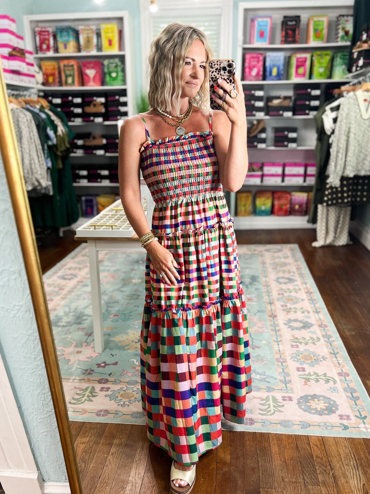 Multicolor plaid tiered maxi dress front view with smocked waist and tiered hem