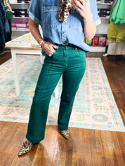 Hunter green high-rise wide-leg crop pants with zipper fly and pockets