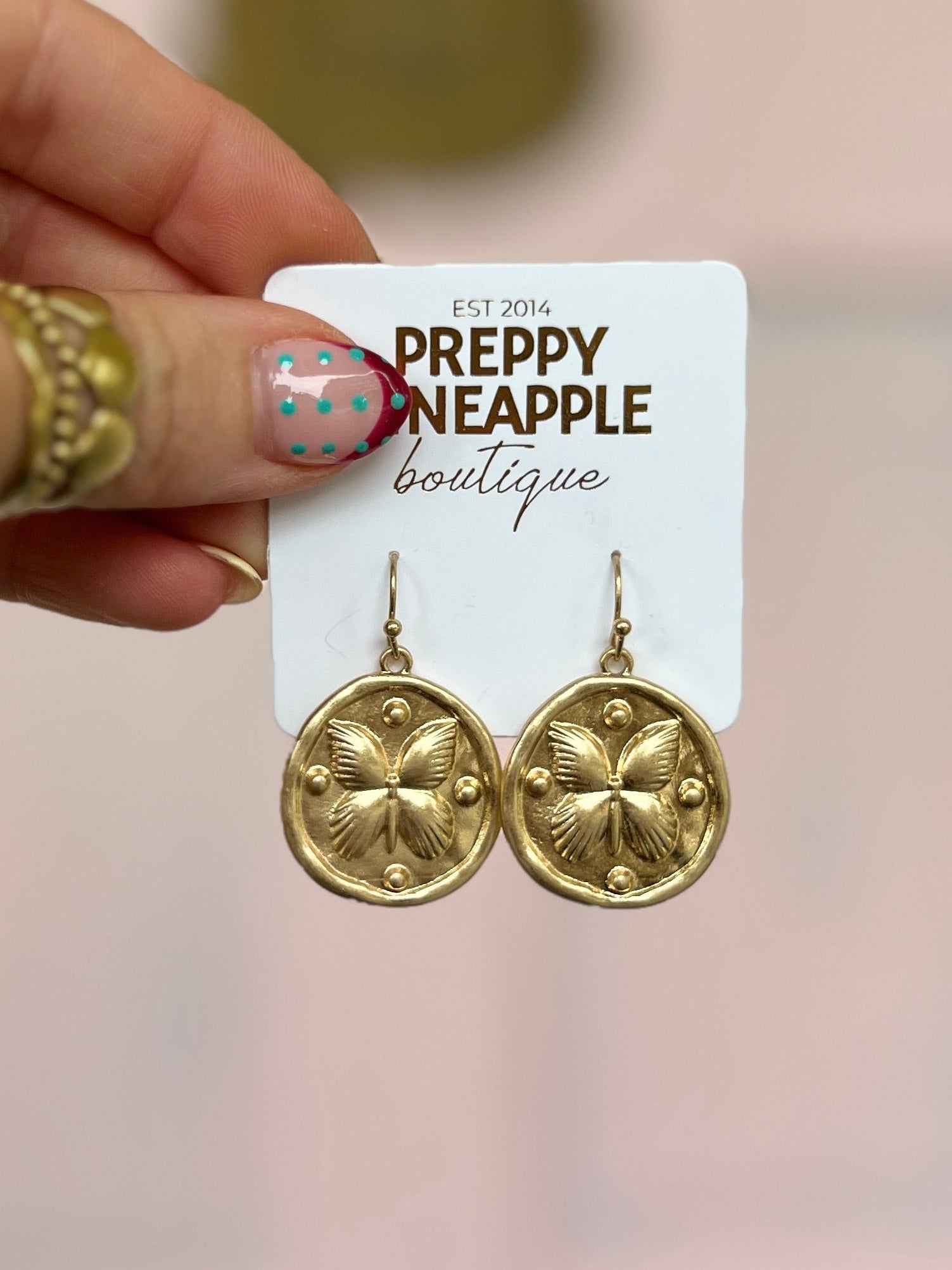 Round with Butterfly Earrings - Worn Gold