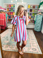 All Lined Up Mini Dress - Blue Red