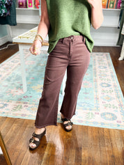 So Delightful Frayed Hem Straight Pants- Rum Brown