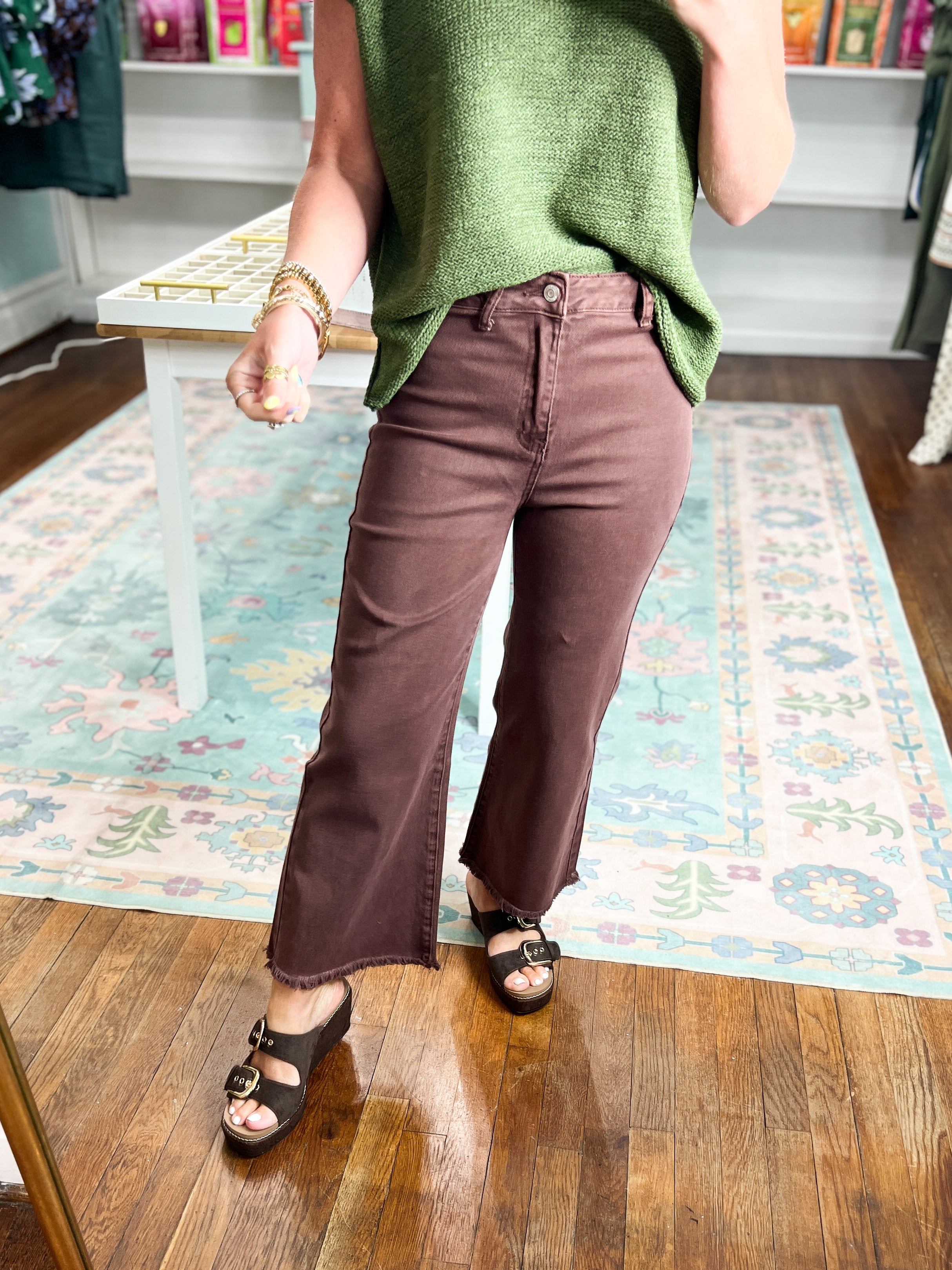 So Delightful Frayed Hem Straight Pants- Rum Brown
