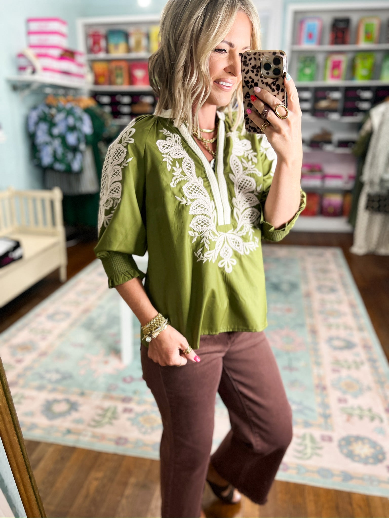 Olive embroidered blouse with white front design and three-quarter puff sleeves