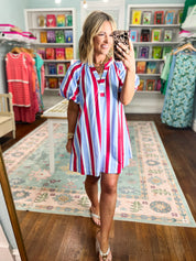All Lined Up Mini Dress - Blue Red