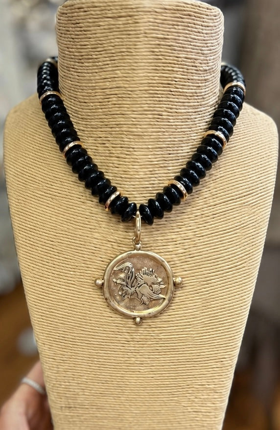 Gamecock Rondelle Beaded Necklace - Black/Gold