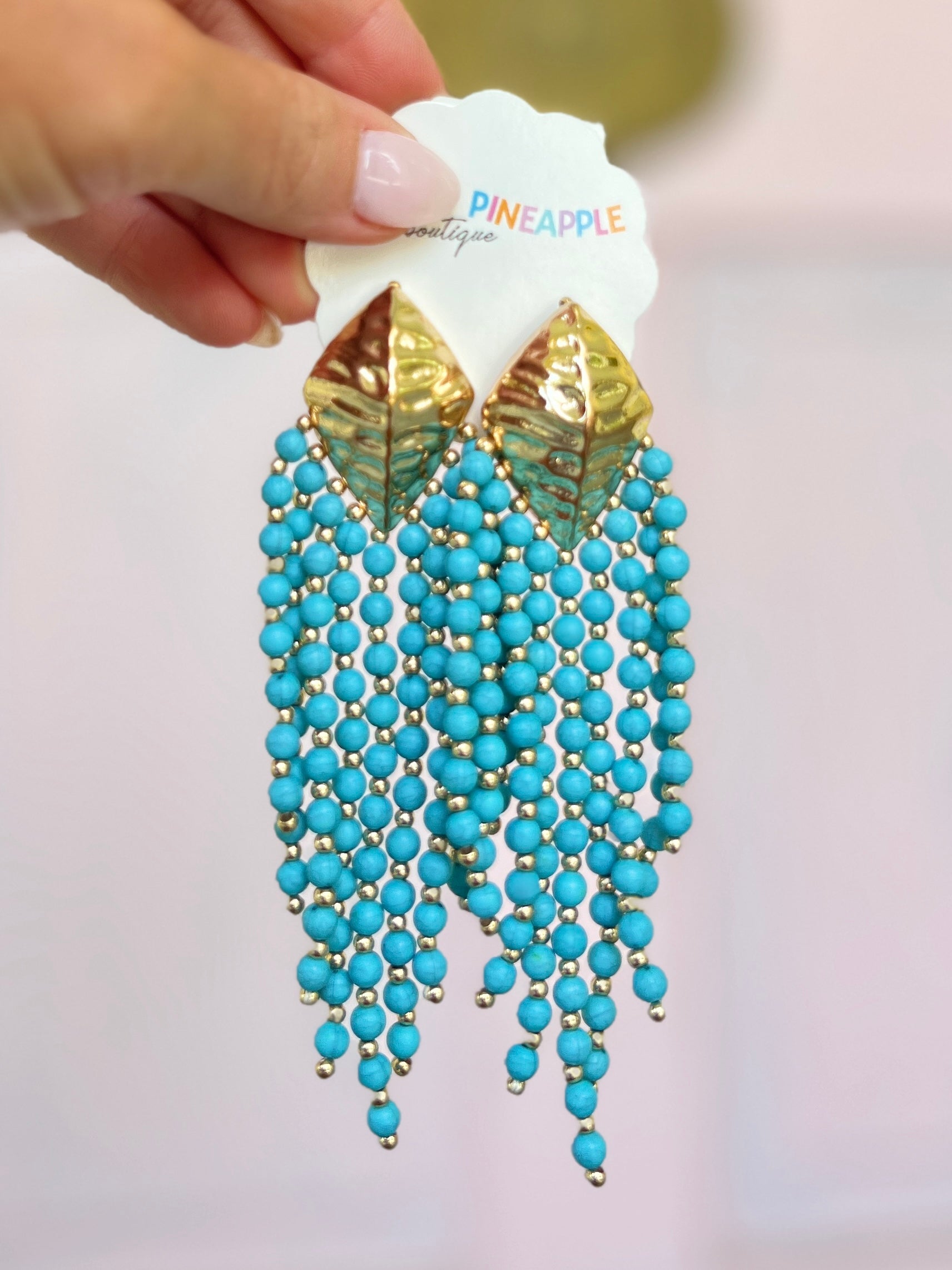 Textured Metal Tassel Earrings - Turquoise/Gold