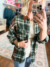 In Transit Plaid Button-up Shirt With Corduroy Collar - Green