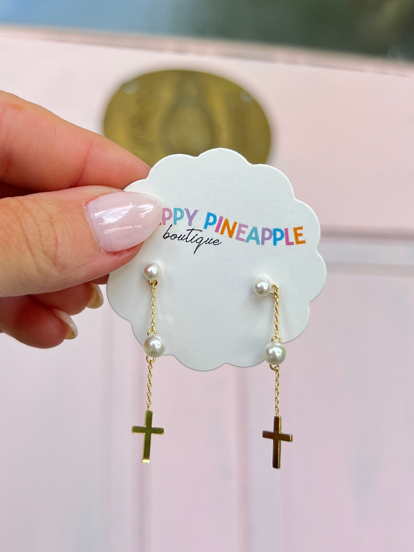Pearl & Cross Linear Drop Earrings