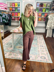 So Delightful Frayed Hem Straight Pants- Rum Brown