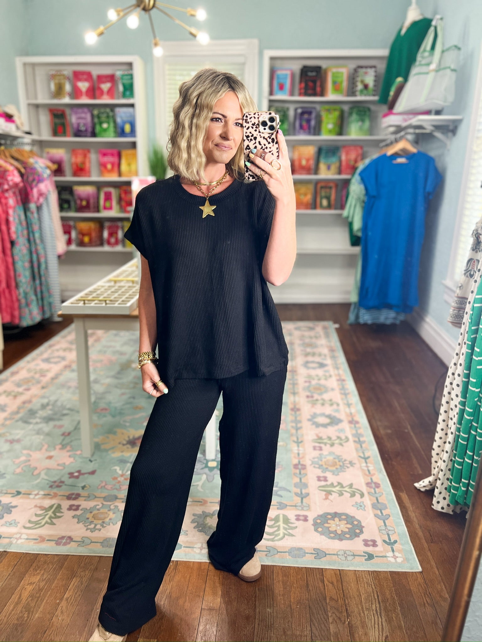 All Day Ease Ribbed Top and Pants Set - Black