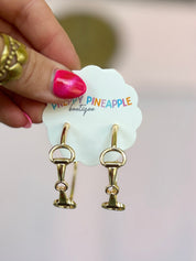Gold horsebit link drop hoop earrings with dangling charms