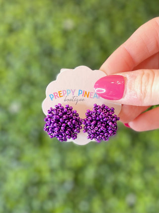 Beaded Pom Pom Earrings - Purple