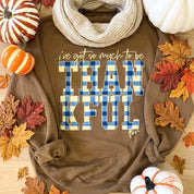 Woodland brown crewneck sweatshirt with blue plaid THANKFUL graphic and white text