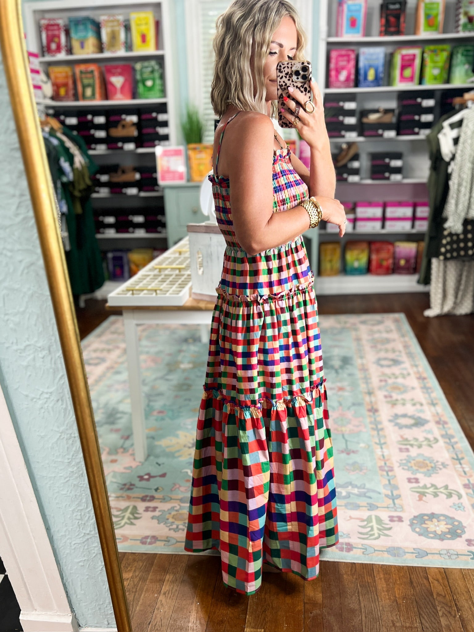 Multicolor plaid tiered maxi dress side view with thin straps and tiered skirt