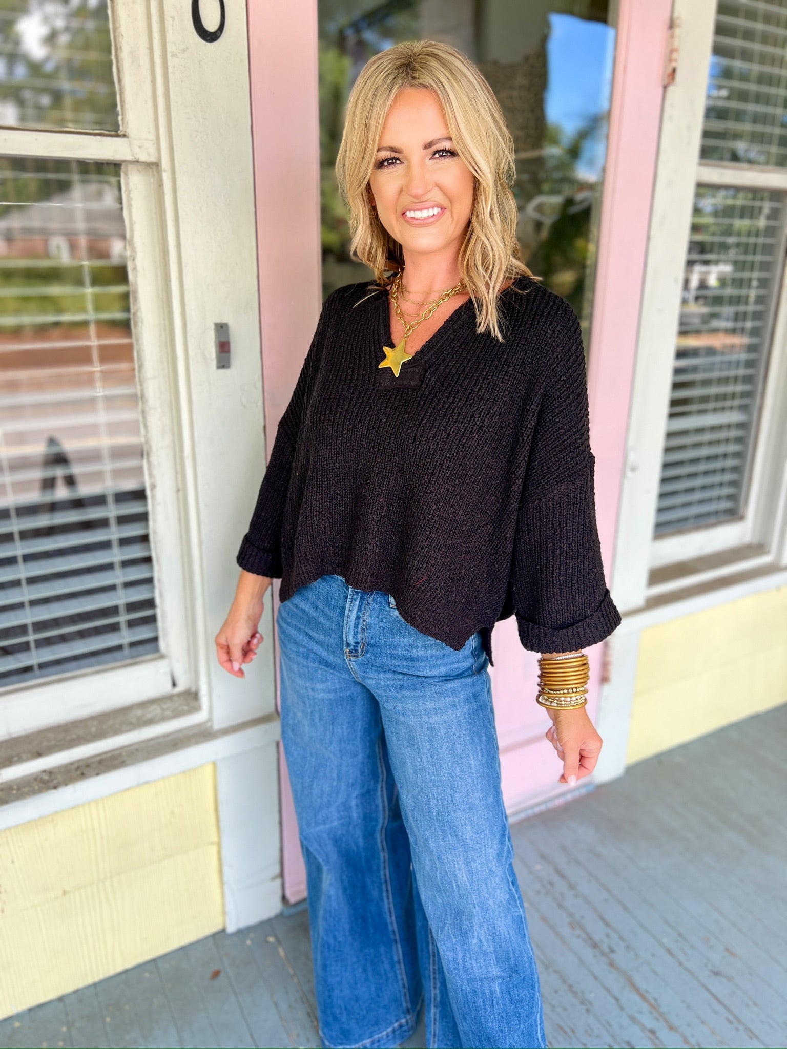 Speak Up Split Neck Sweater - Black