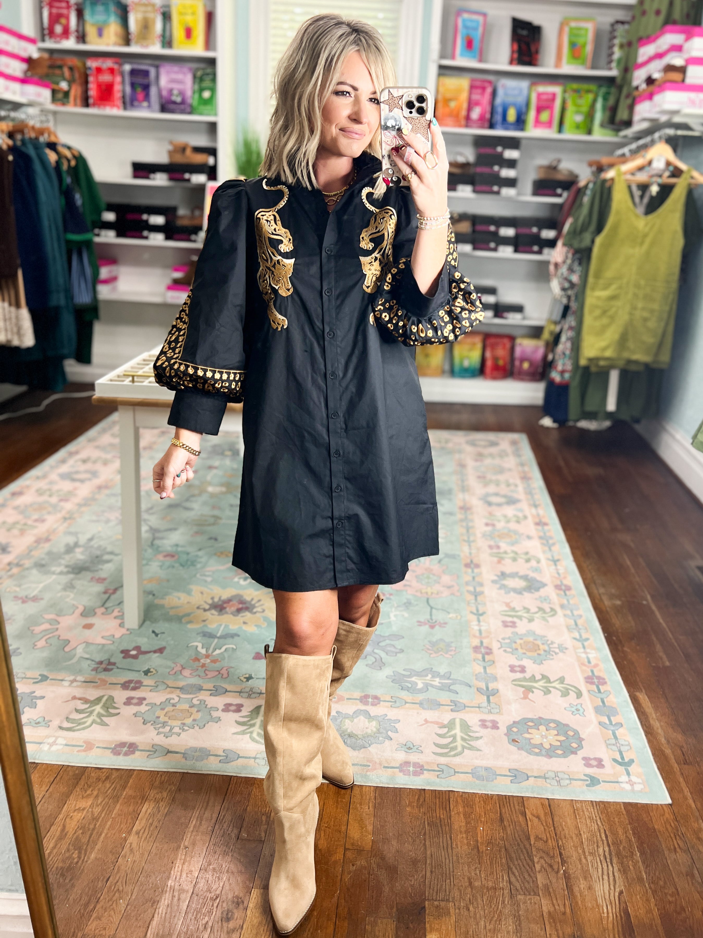 Black mini dress with gold leopard embroidery detail on front yoke and cuffs