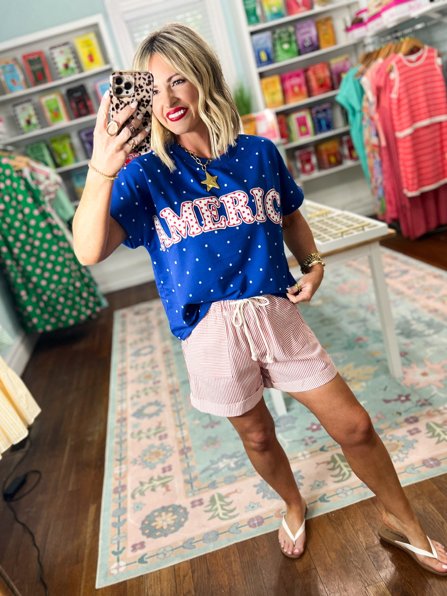 America Patch Polka Dot Knit Top - Blue