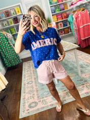 America Patch Polka Dot Knit Top - Blue