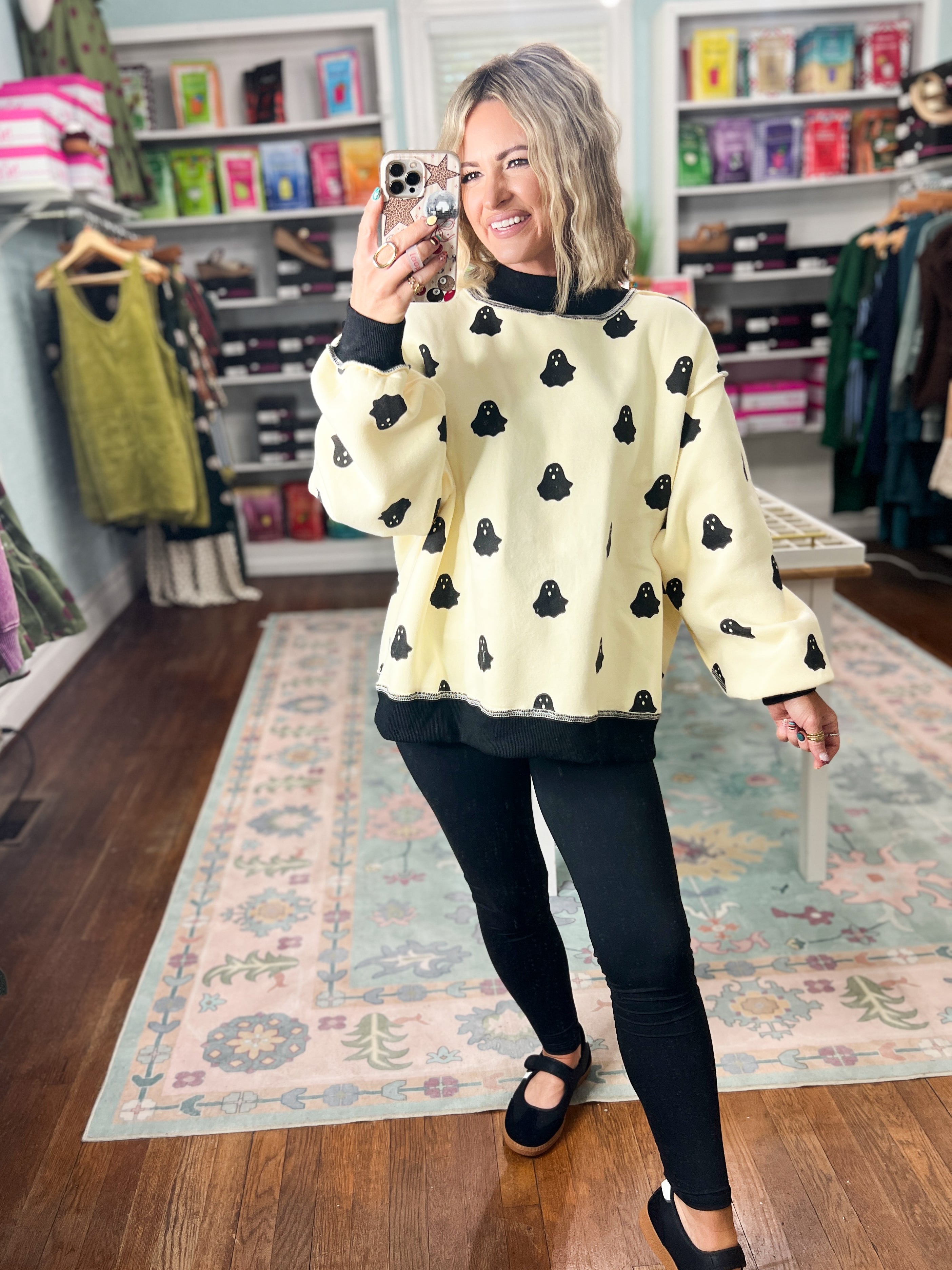 Reversible Boo Printed Fleeced French Terry Mock Neck Sweatshirt